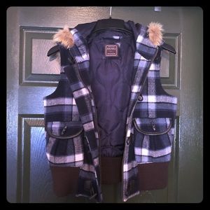 Old navy wool plaid vest with fur hood